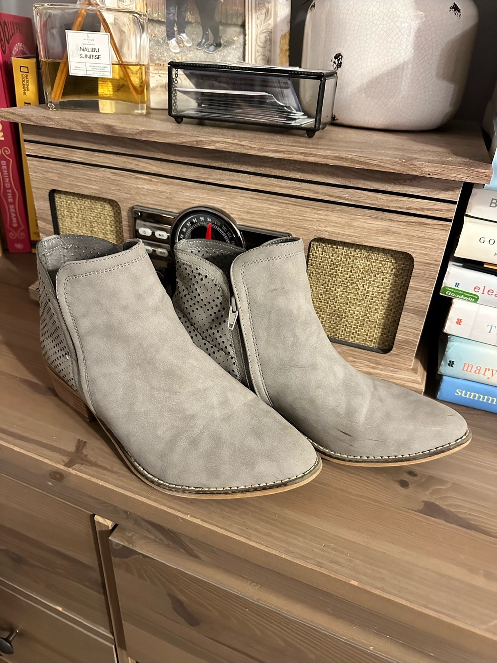 Madden Girl Light Gray Suede-Look Perforated Ankle Booties